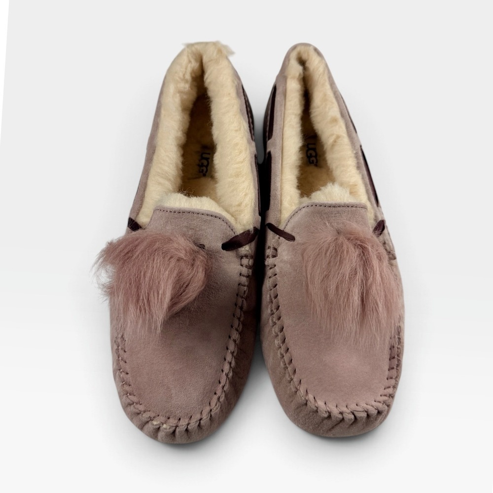 UGG Dakota Pom Pom Slippers Womens 11 Dusk Suede Sheepskin Moccasin NEW